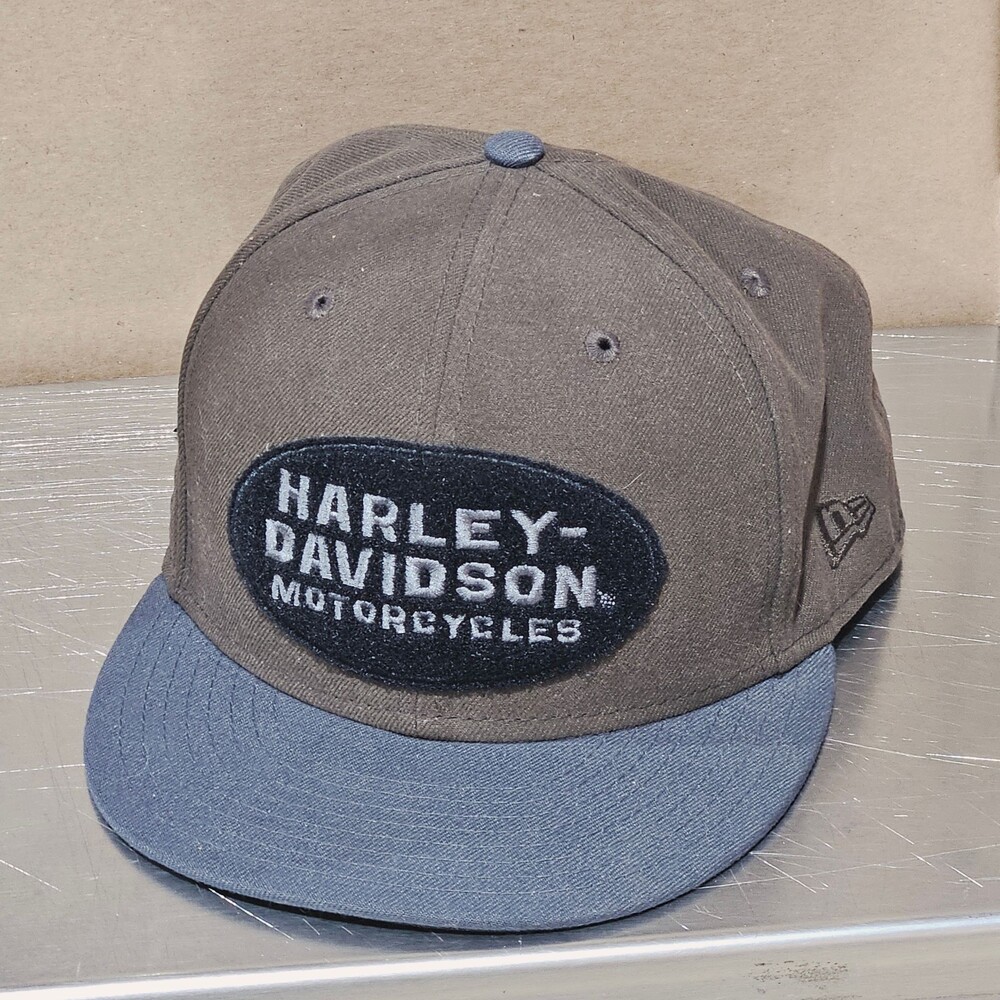 New Era Cap Mens 7 3/4 59FIFTY Harley Davidson Patch Fitted Logo Brown Gray